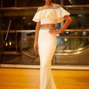 sherri hill dress off shoulder two piece gown